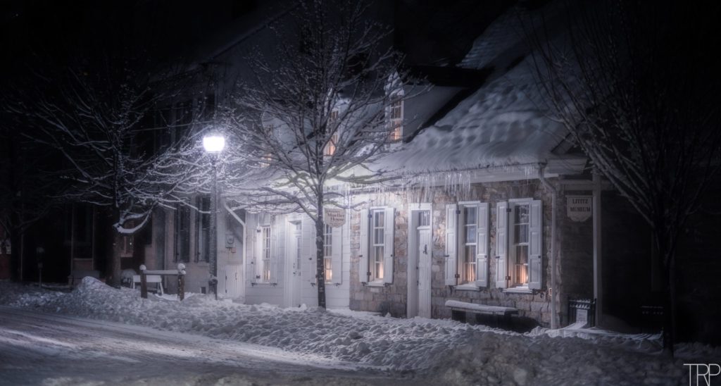 Lititz Museum covered in snow at night